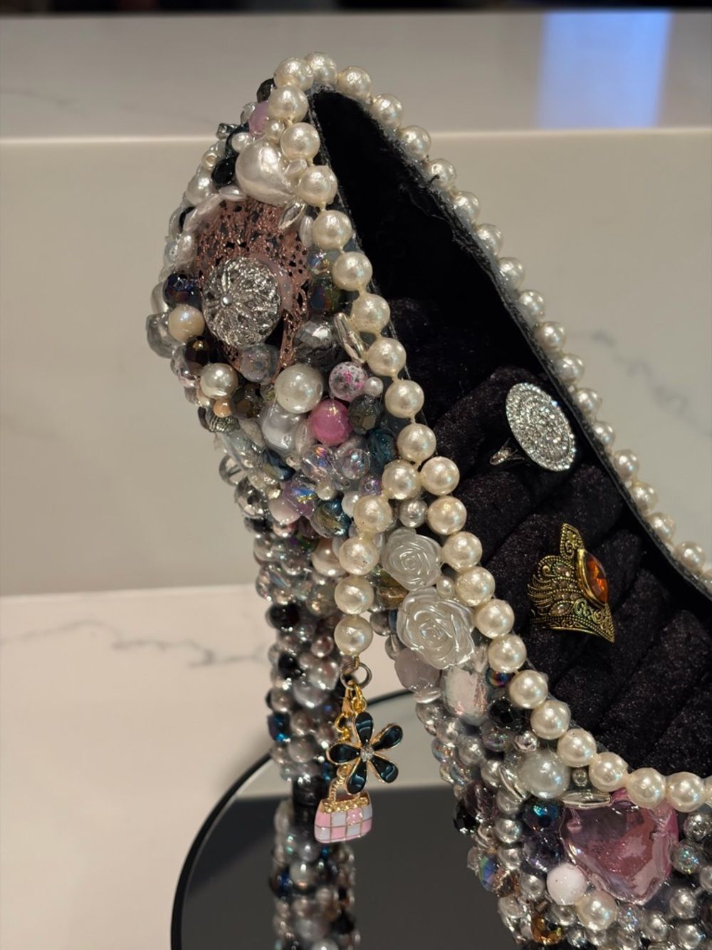 Jeweled Pearl and Crystal Stiletto High Heel Pump - Ring Holder - Picture 5 of 10
